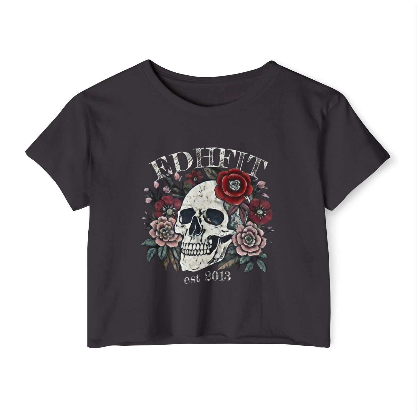 Skull & Roses Festival Crop Top — Women's Floral Skull Graphic Tee