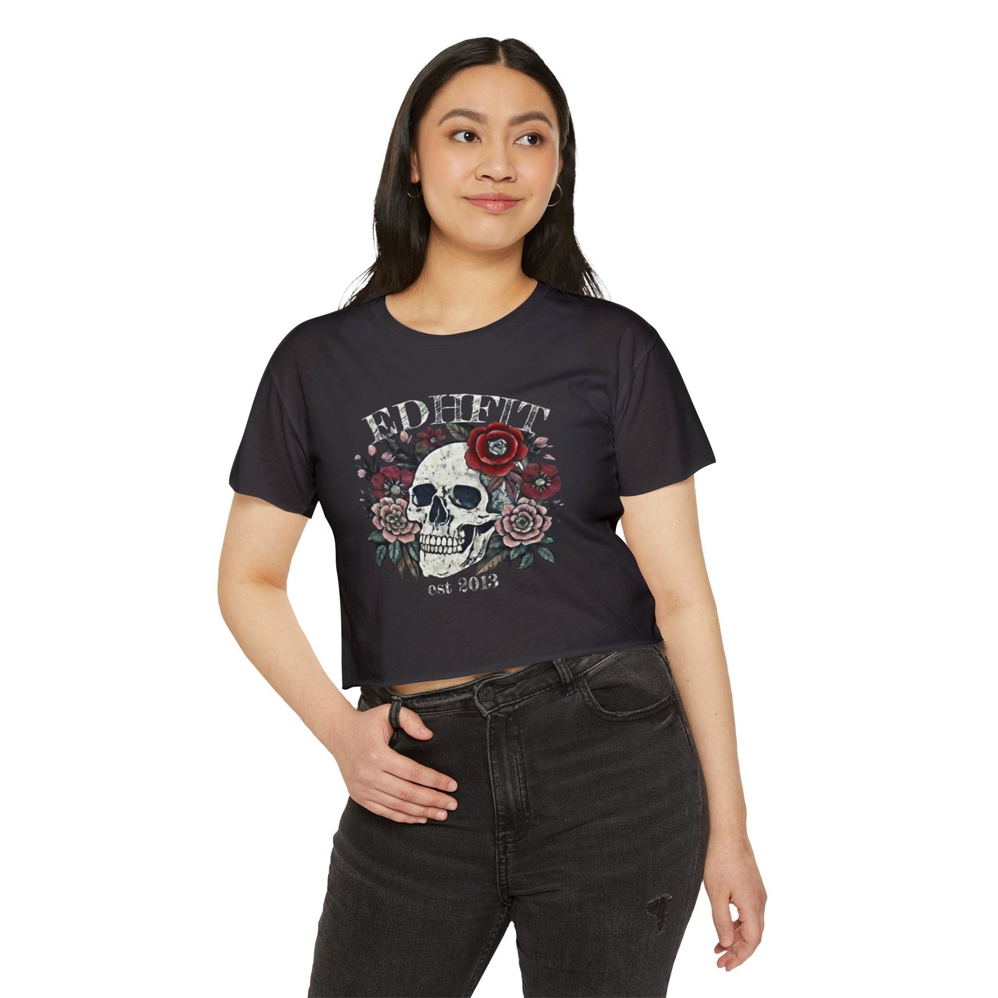 Skull & Roses Festival Crop Top — Women's Floral Skull Graphic Tee