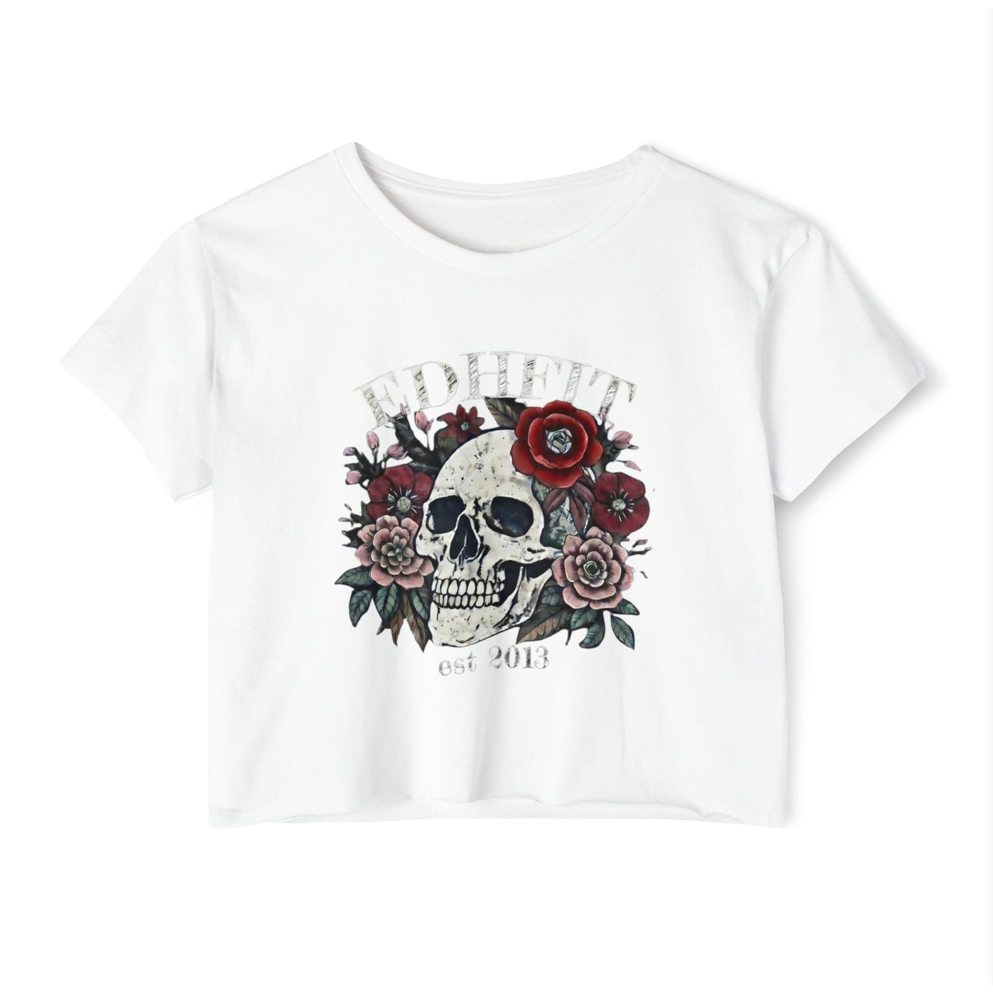 Skull & Roses Festival Crop Top — Women's Floral Skull Graphic Tee