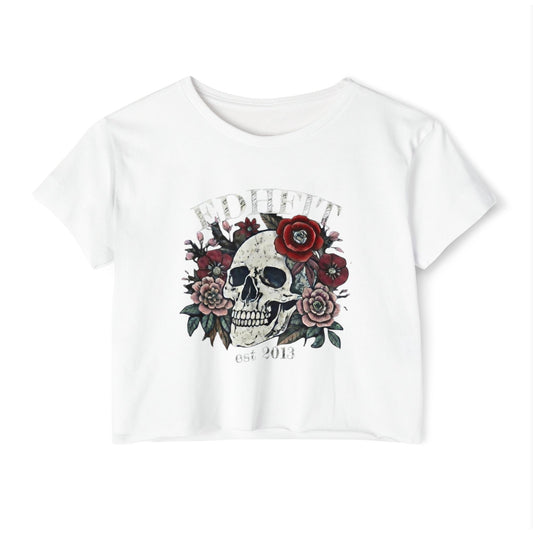 Skull & Roses Festival Crop Top — Women's Floral Skull Graphic Tee