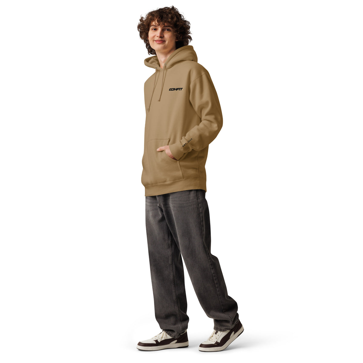 EDHFIT Tonal Standard Embroidered Hoodie – Sandstone – On-model men's Left