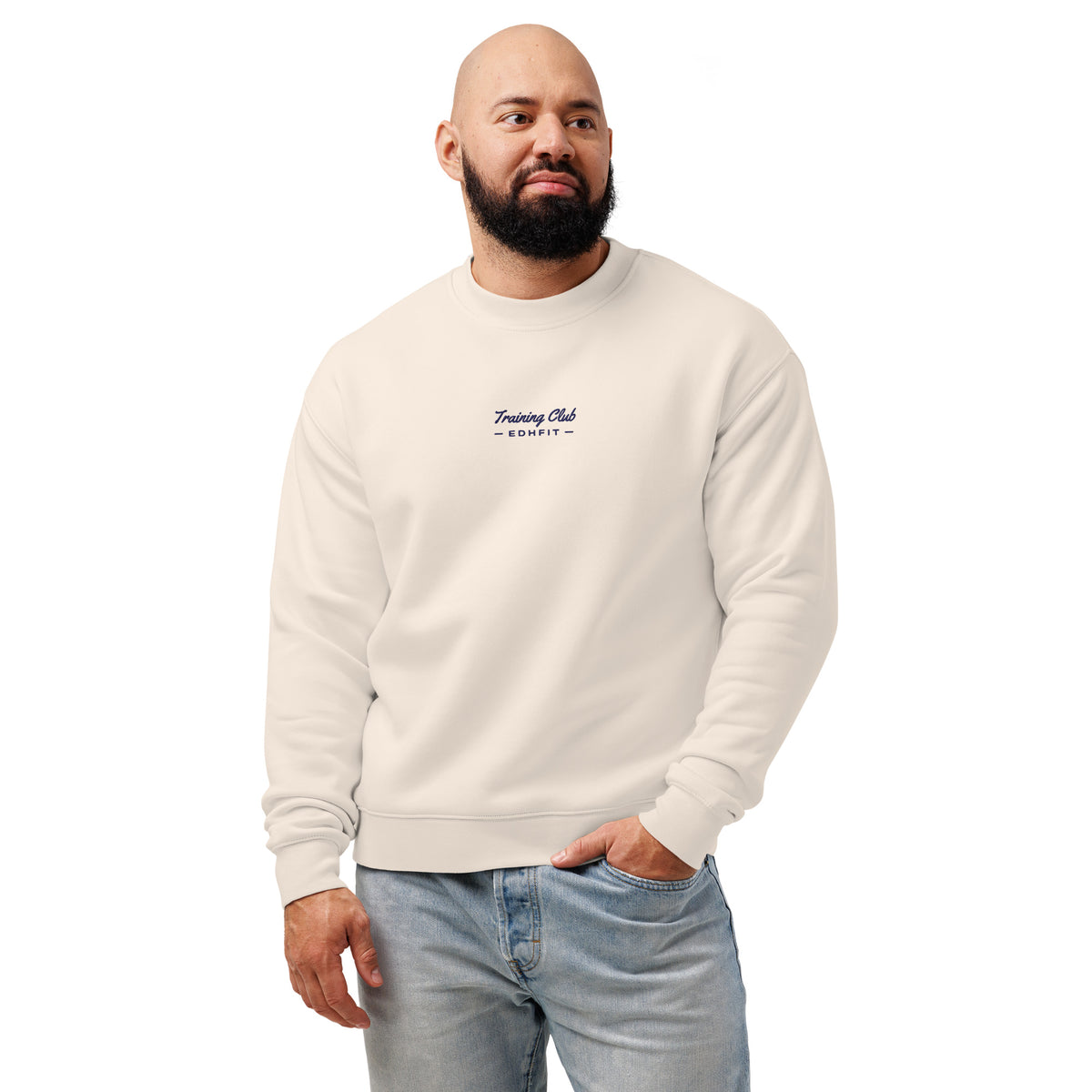EDHFIT Training Club Embroidered Crewneck – Bone – On-model men's Front