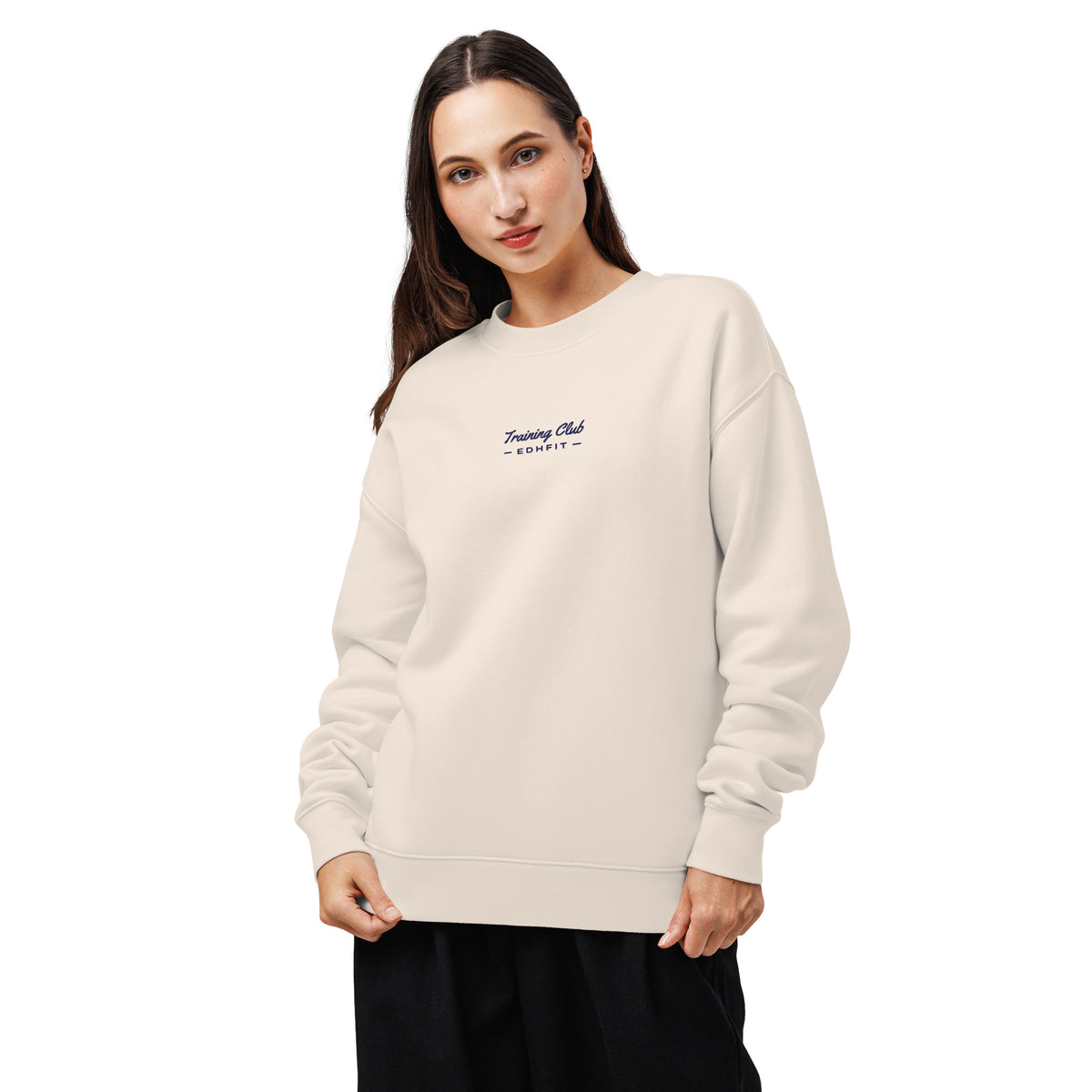 EDHFIT Training Club Embroidered Crewneck – Bone – On-model women's Front