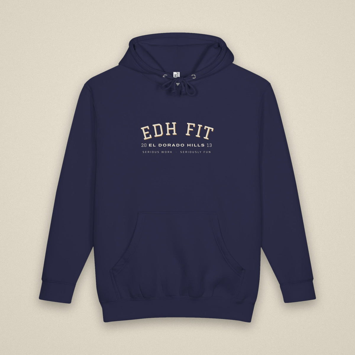 EDHFIT Varsity Arch Heavyweight Hoodie – Navy – Styled flat lay · front · bone background