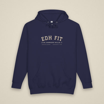 EDHFIT Varsity Arch Heavyweight Hoodie – Navy – Styled flat lay · front · bone background