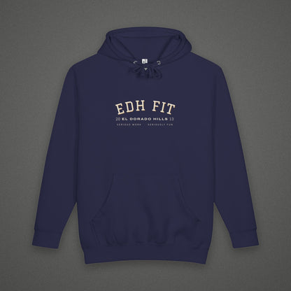 EDHFIT Varsity Arch Heavyweight Hoodie – Navy – Styled flat lay · front · concrete background