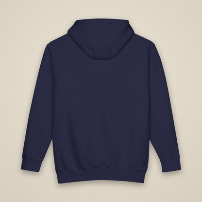 EDHFIT Varsity Arch Heavyweight Hoodie – Navy – Styled flat lay · back · bone background