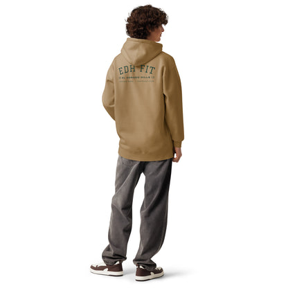 EDHFIT Varsity Arch Heavyweight Hoodie – Sandstone – On-model men's Back