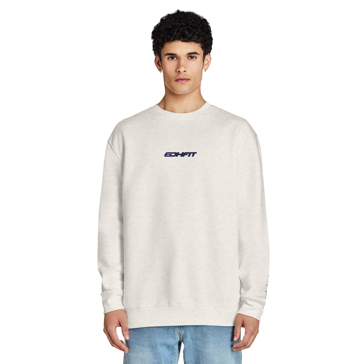 EDHFIT Standard Embroidered Crewneck – Oatmeal – On-model men's Front