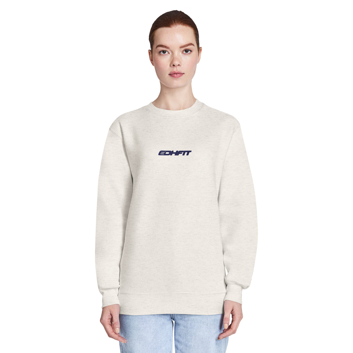 EDHFIT Standard Embroidered Crewneck – Oatmeal – On-model women's Front