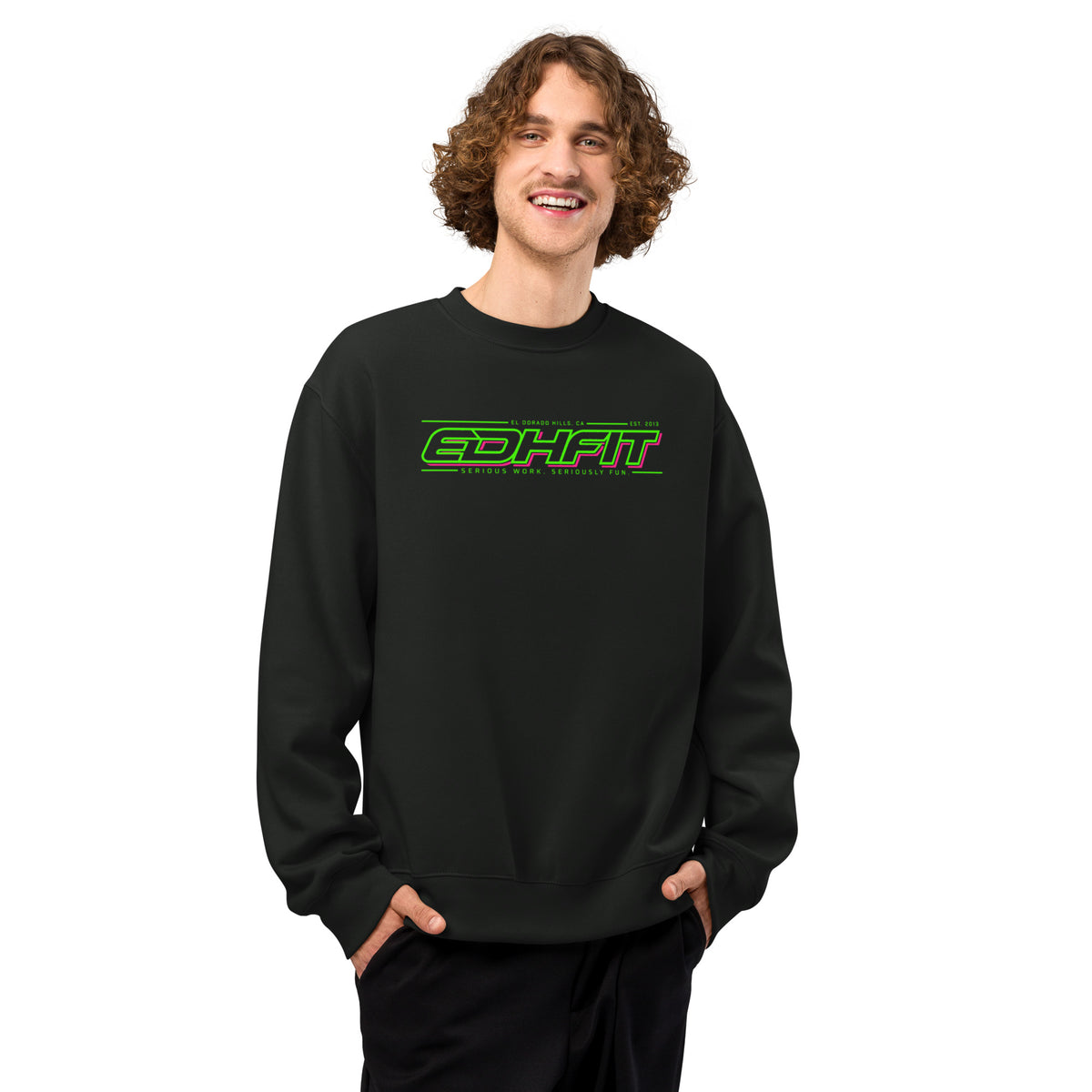 EDHFIT Echo Oversized Crewneck – Vintage Black – On-model men's Front