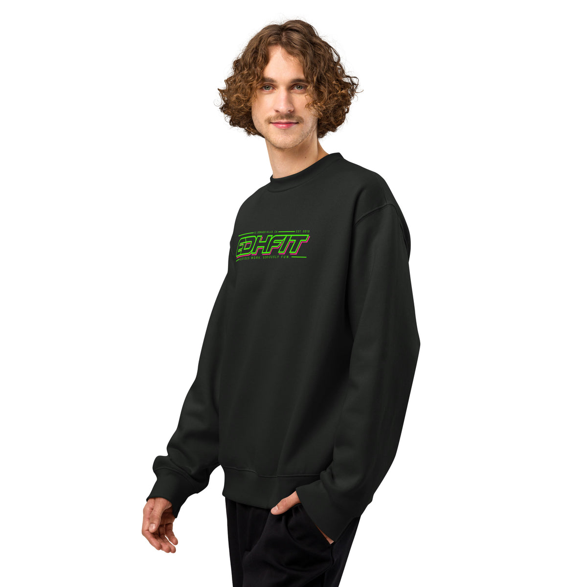 EDHFIT Echo Oversized Crewneck – Vintage Black – On-model men's Left Front