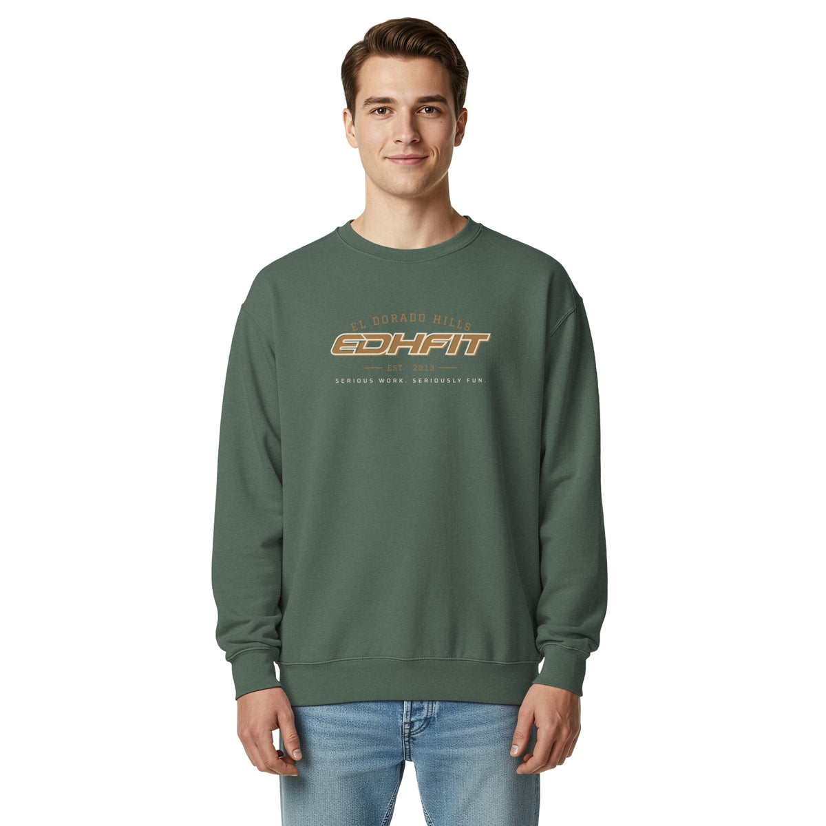EDHFIT Collegiate Crewneck – Blue Spruce – On-model men's Front