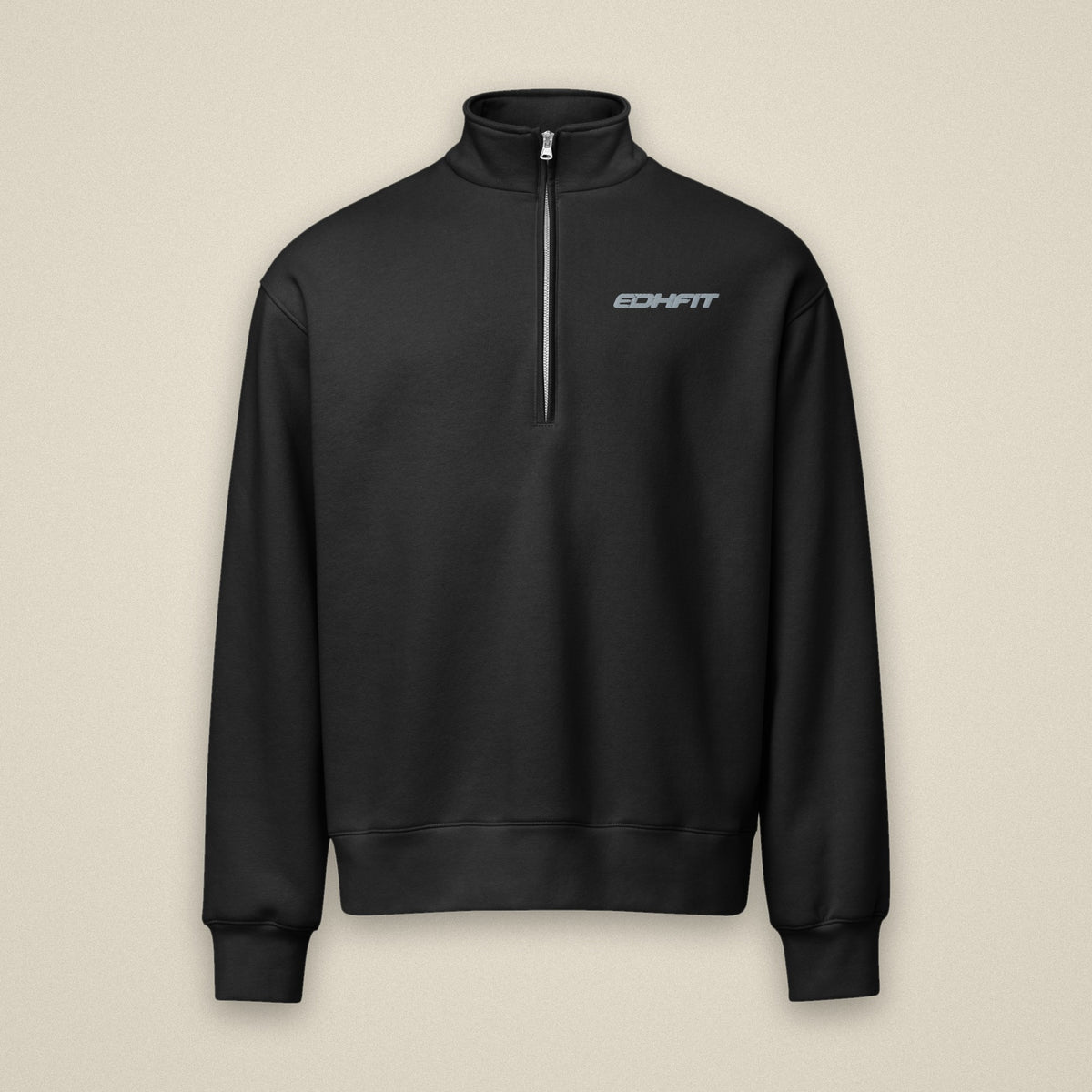 EDHFIT Tonal Embroidered Half Zip – Black – Styled ghost · bone background
