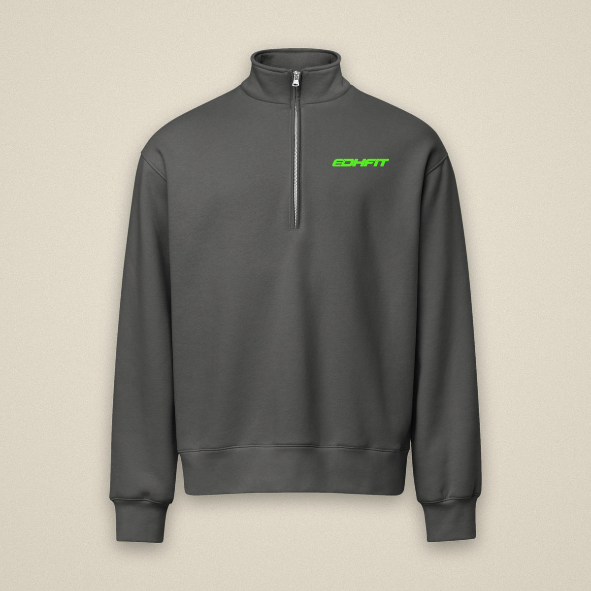 EDHFIT Serious Fun Heavyweight Half Zip – Asphalt – Styled ghost · bone background