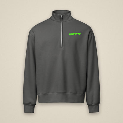 EDHFIT Serious Fun Heavyweight Half Zip – Asphalt – Styled ghost · bone background