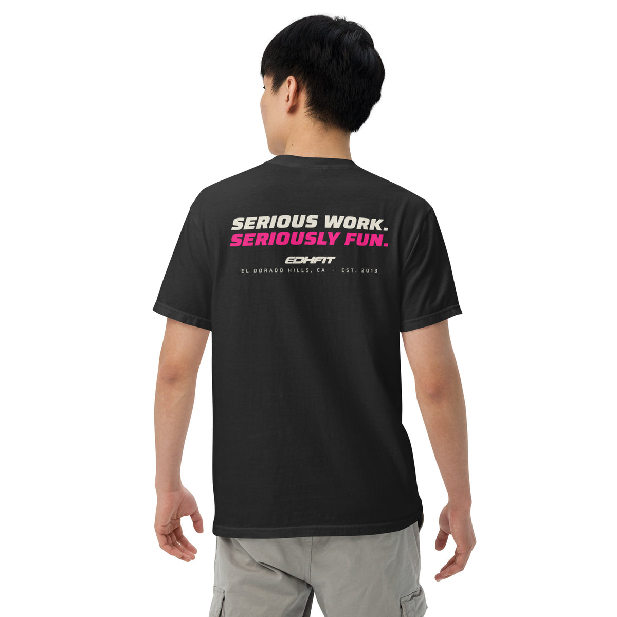 EDHFIT Serious Fun Back Print Tee – Black – On-model men's Back