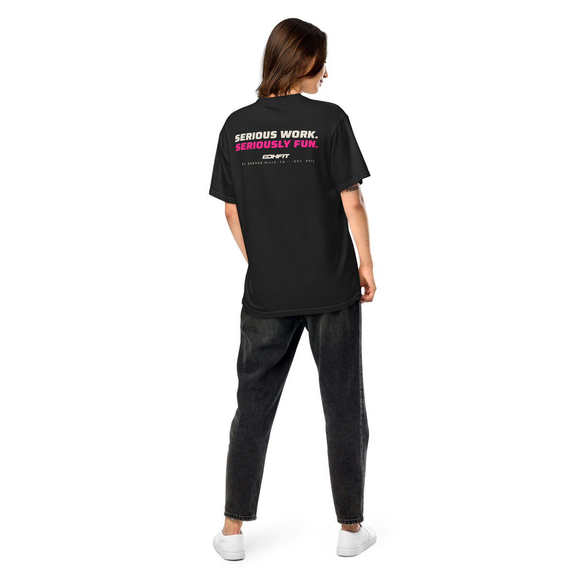 EDHFIT Serious Fun Back Print Tee – Black – On-model women's Back
