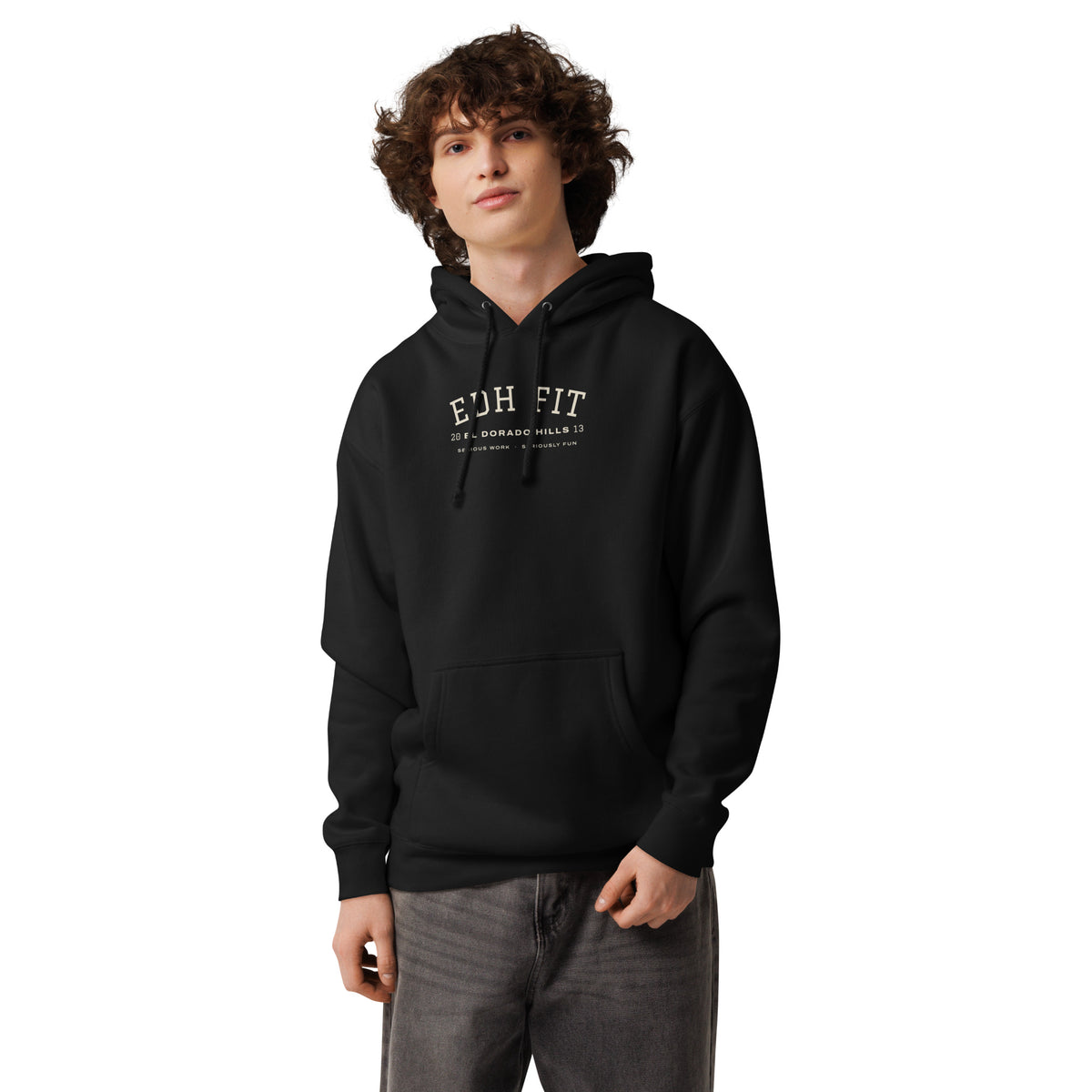 EDHFIT Varsity Arch Heavyweight Hoodie – Black – On-model men's Front