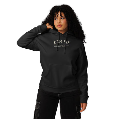 EDHFIT Varsity Arch Heavyweight Hoodie – Black – On-model women's Front