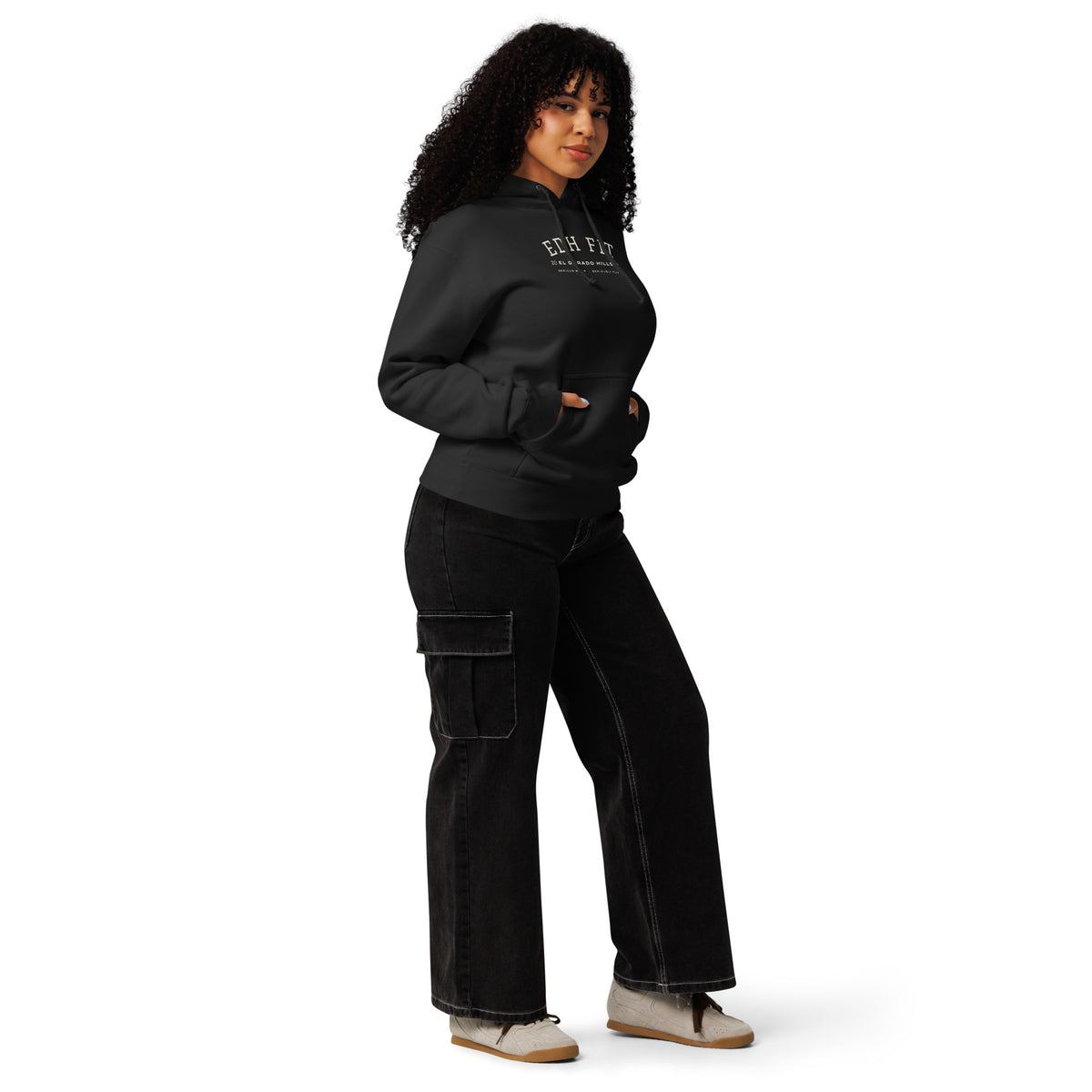 EDHFIT Varsity Arch Heavyweight Hoodie – Black – On-model women's Right