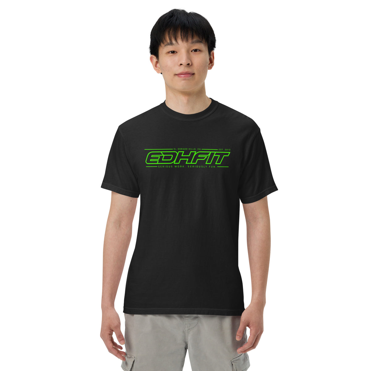 EDHFIT Serious Work. Seriously Fun. Heavyweight Tee – Black – On-model men's Front