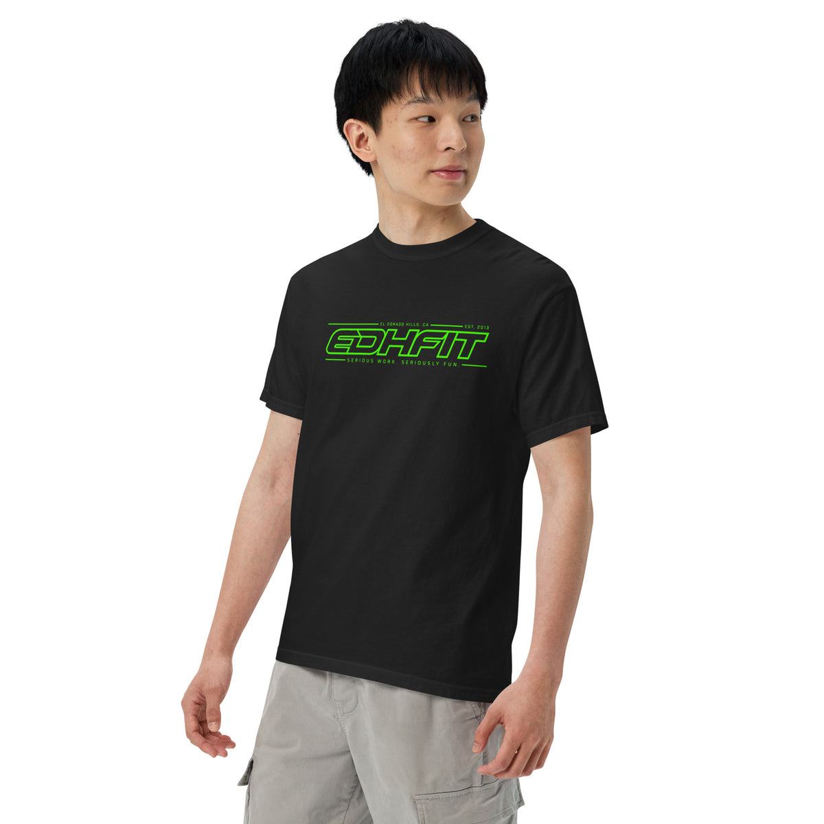 EDHFIT Serious Work. Seriously Fun. Heavyweight Tee – Black – On-model men's Left Front