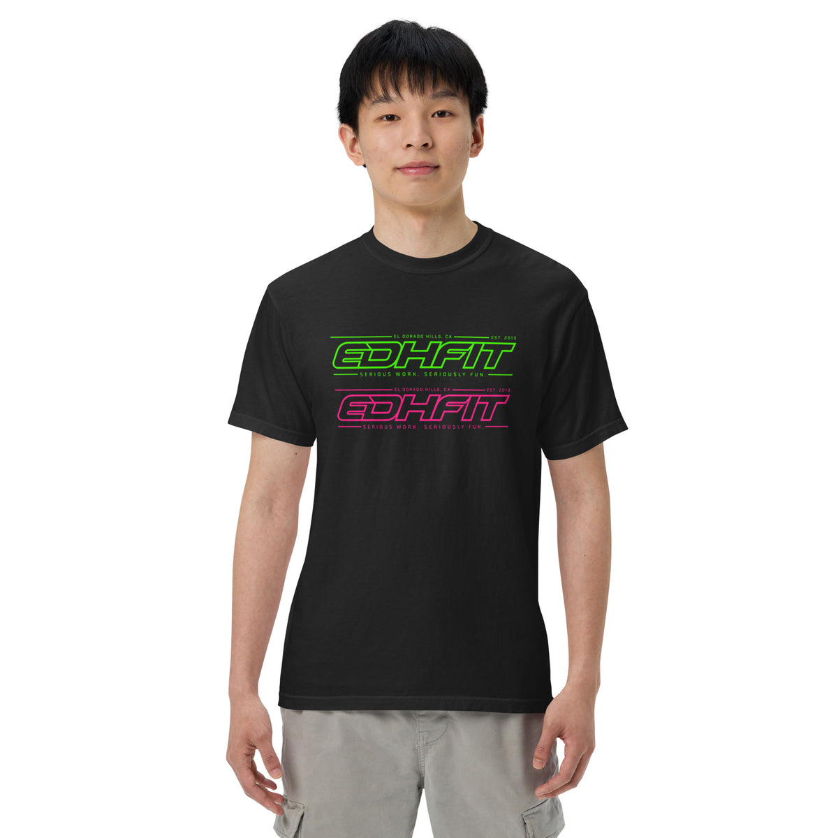 EDHFIT Dual Logo Stack Tee – Black – On-model men's Front