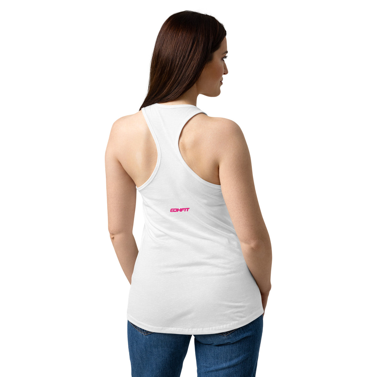 EDHFIT Women's Racerback Tank – White/Pink – On-model women's Back