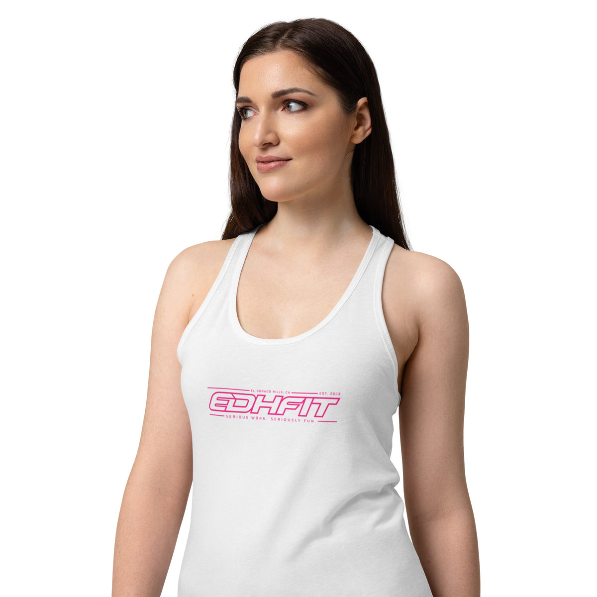 EDHFIT Women's Racerback Tank – White/Pink – On-model women's Front 2
