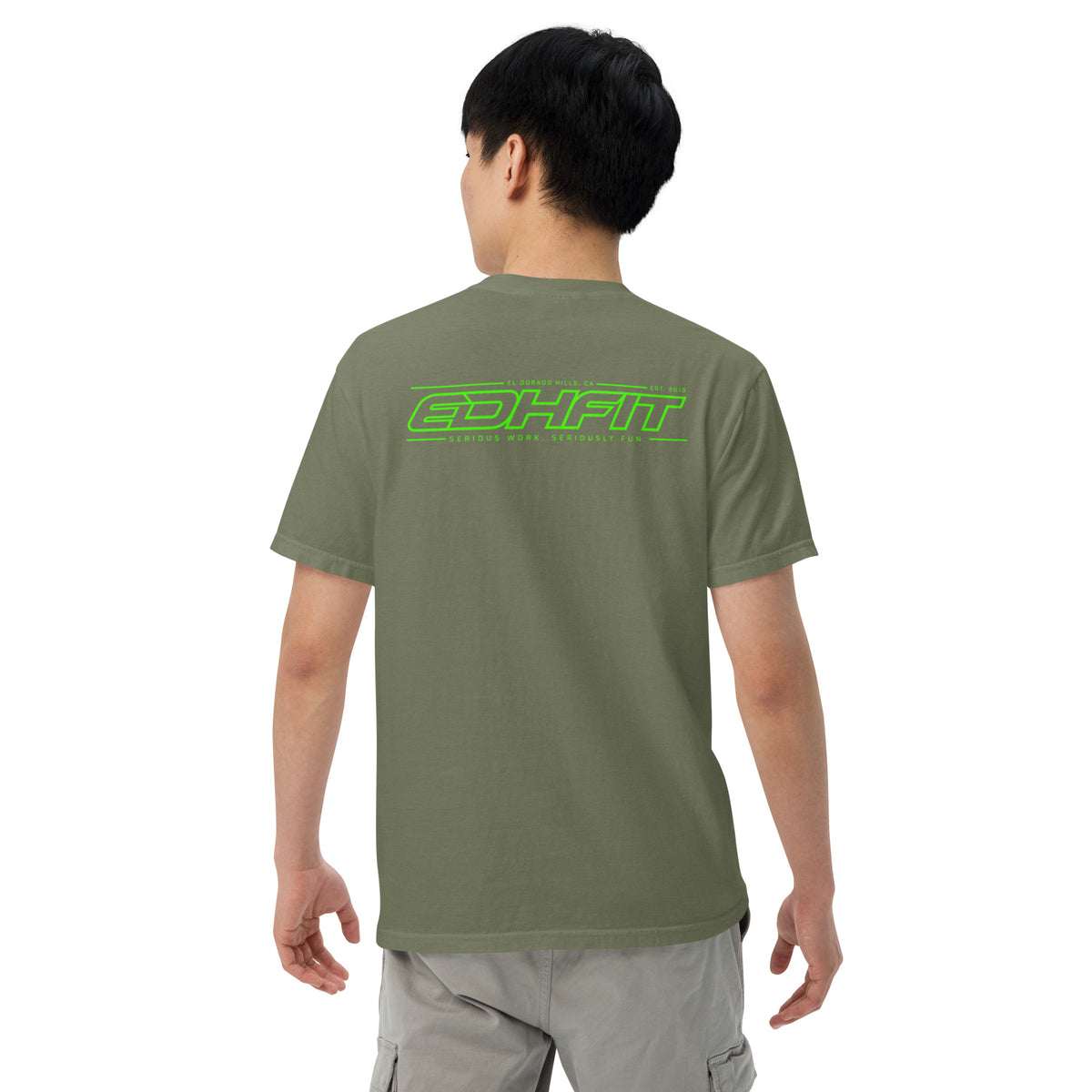 EDHFIT Tonal Green Heavyweight Tee – Moss – On-model men's Back
