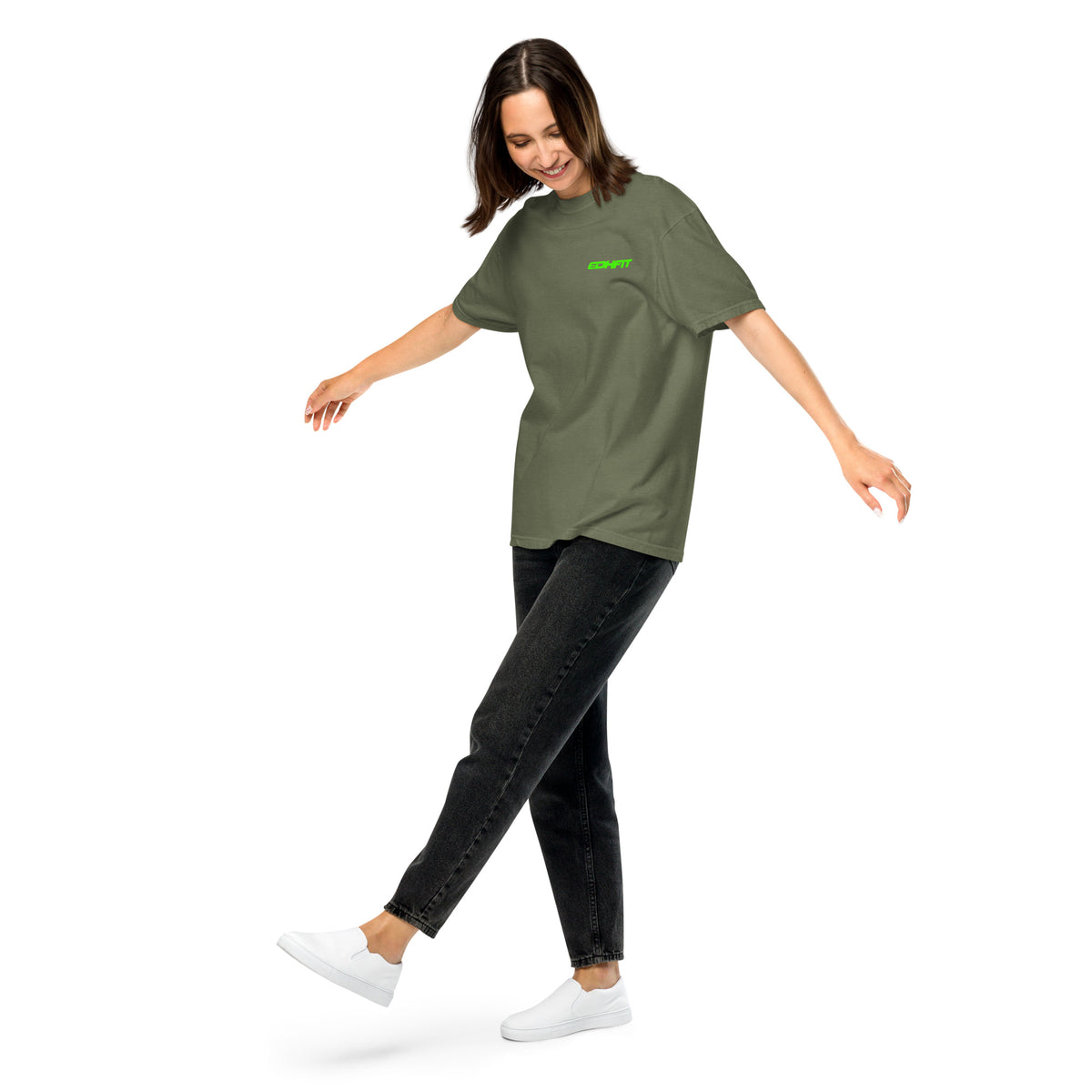 EDHFIT Tonal Green Heavyweight Tee – Moss – On-model women's Front