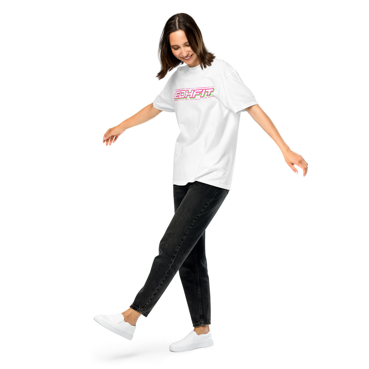 EDHFIT Dual Logo Echo Tee – White – On-model women's Front