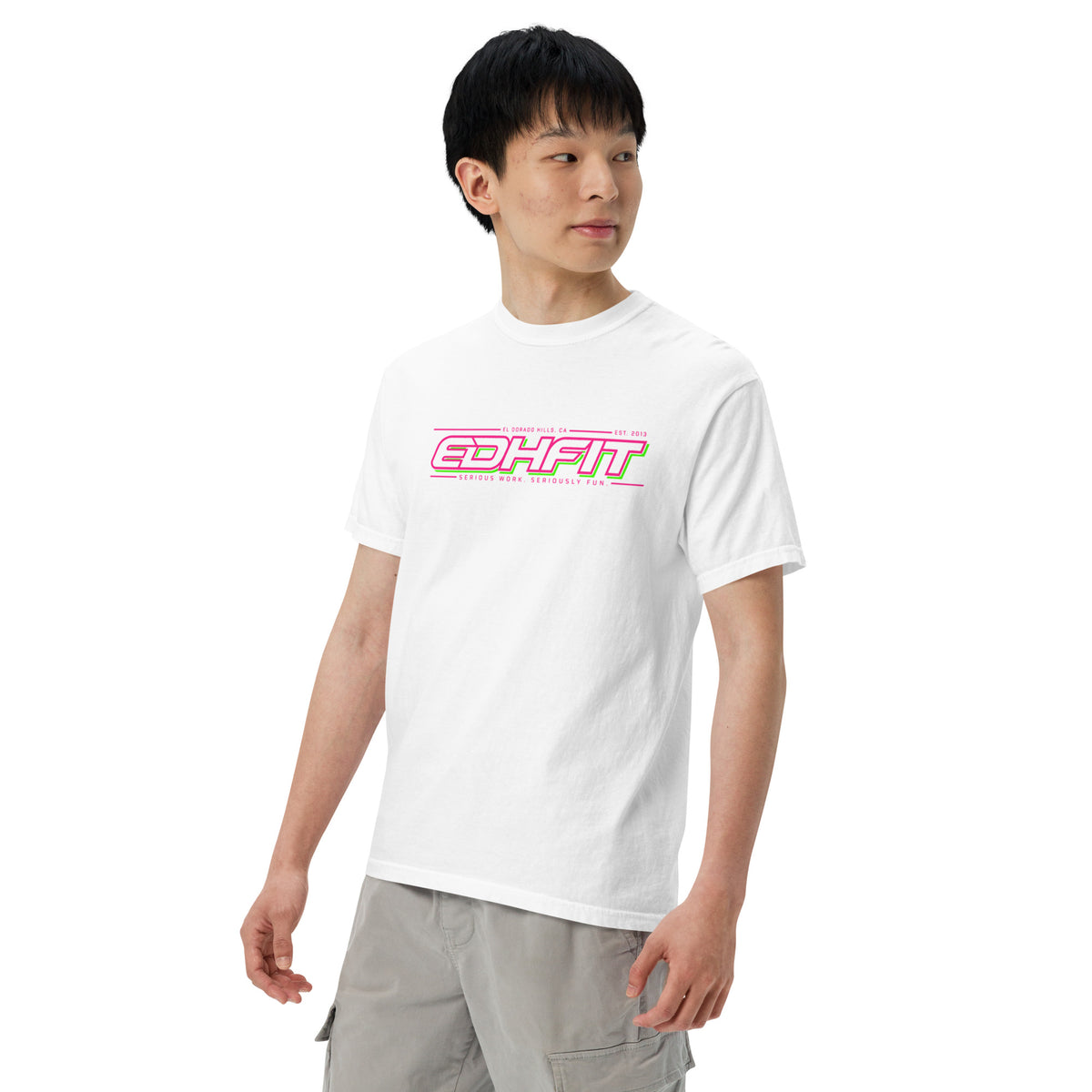 EDHFIT Dual Logo Echo Tee – White – On-model men's Left Front