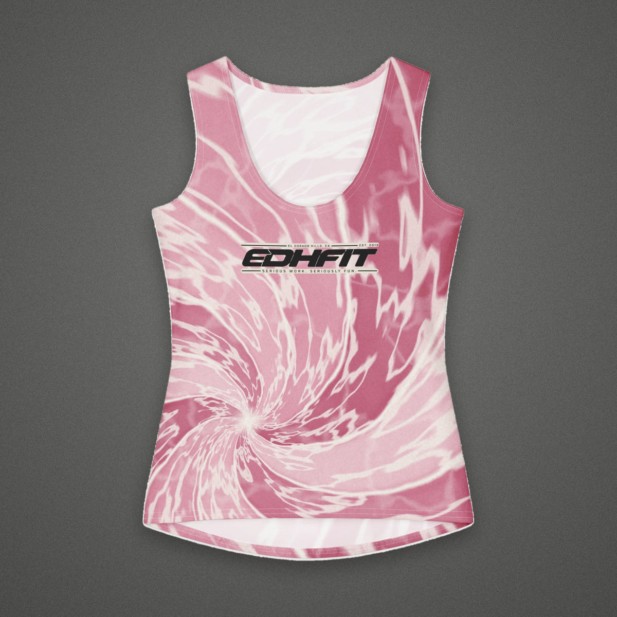 EDHFIT Blush Spiral Tie-Dye Print Tank – Styled flat lay · front · concrete background