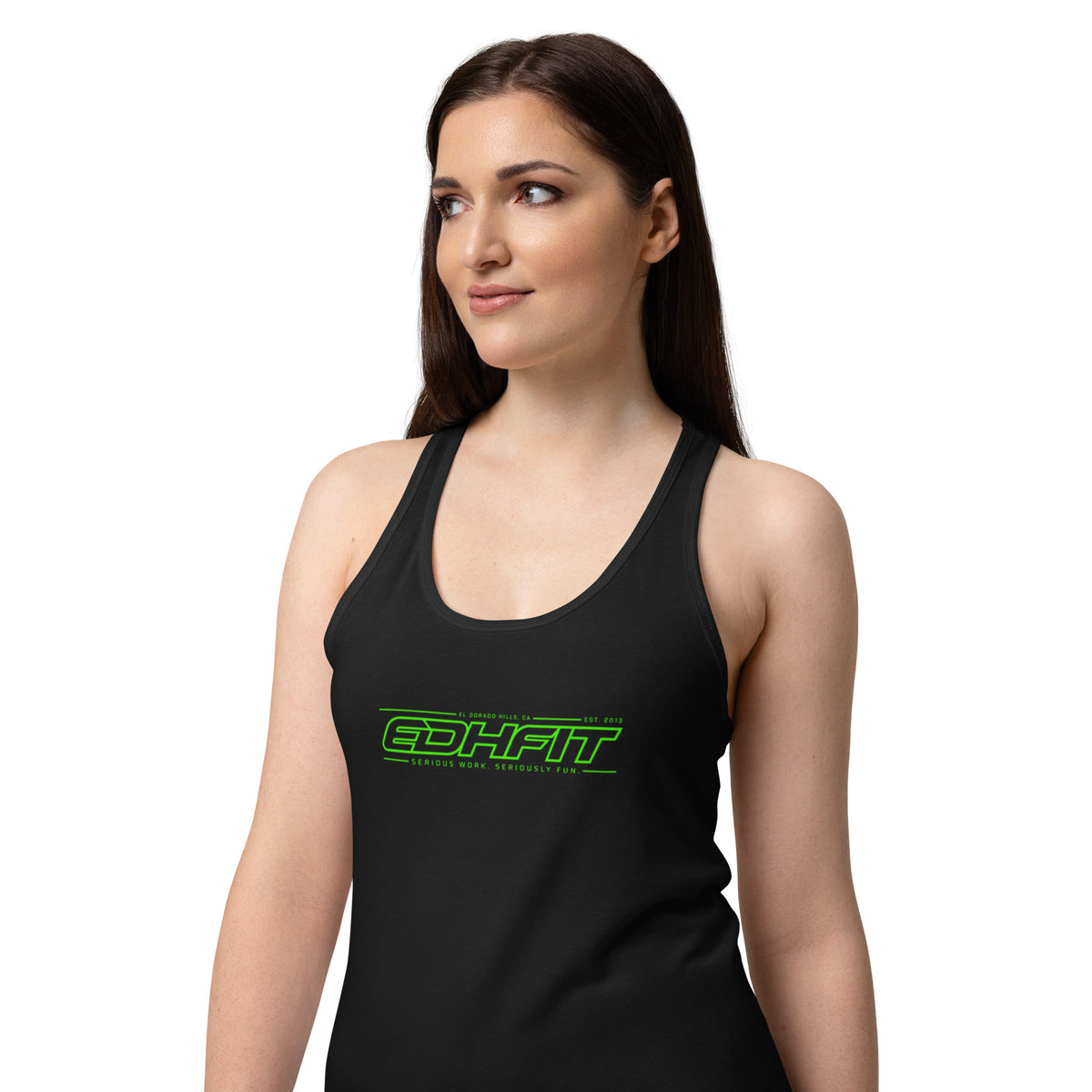 EDHFIT Women's Racerback Tank – Black/Green – On-model women's Front 2