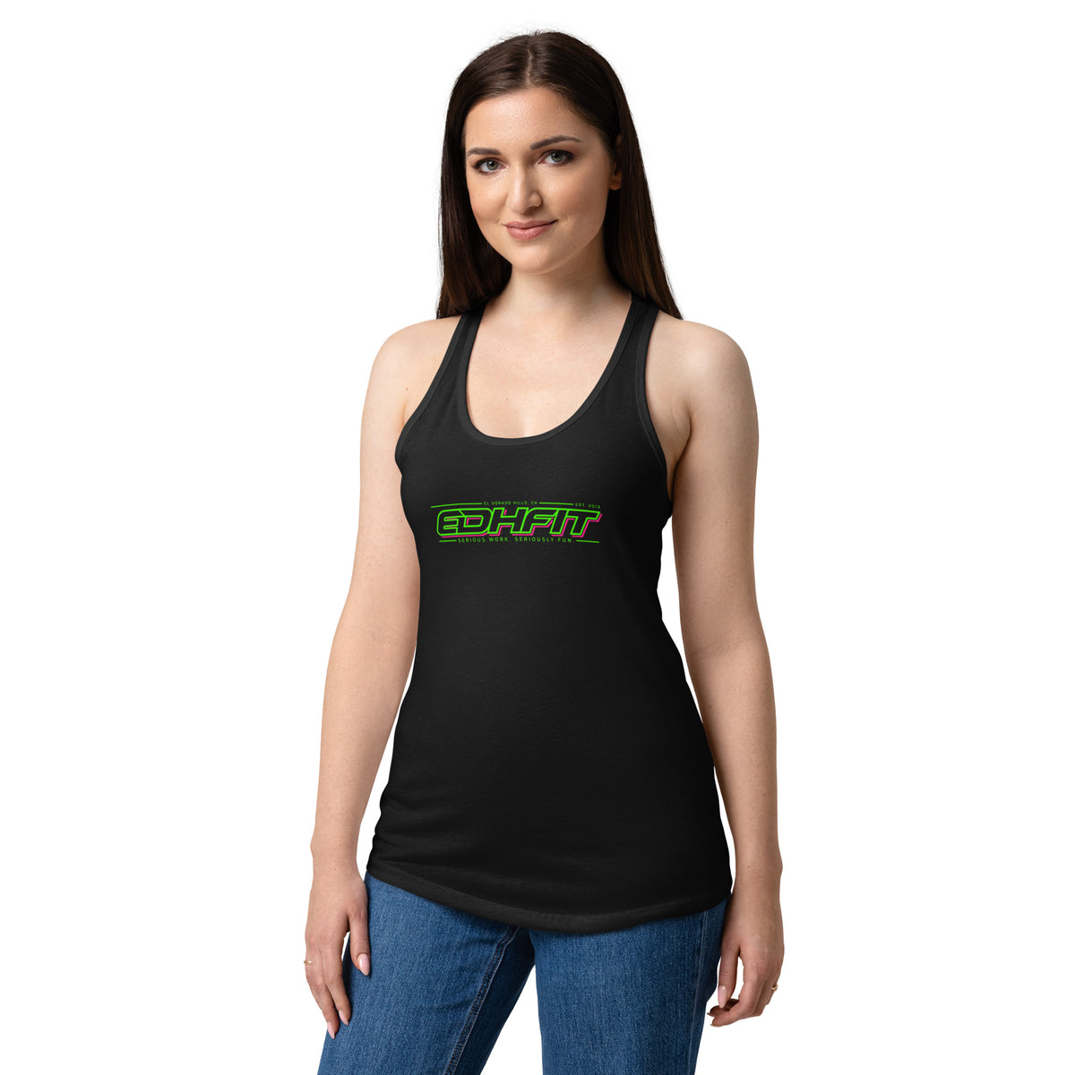 EDHFIT Women's Racerback Tank – Black Dual Echo – On-model women's Front