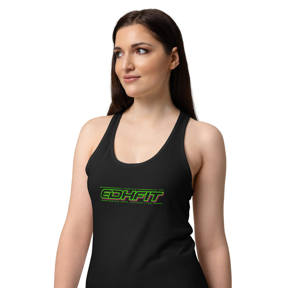 EDHFIT Women's Racerback Tank – Black Dual Echo – On-model women's Front 2